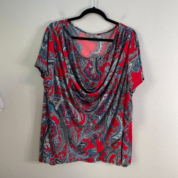 Roz & Ali Womens Plus 2X Paisley Drape Neck Top Stretch Shirt Short Sleeve - Picture 6 of 9